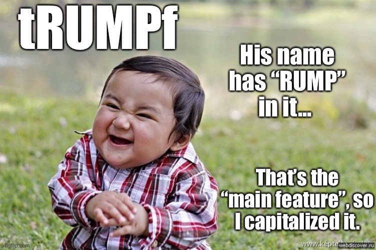His name has the word “RUMP” in it... | tRUMPf; His name has “RUMP” in it... That’s the “main feature”, so I capitalized it. | image tagged in trumpf | made w/ Imgflip meme maker