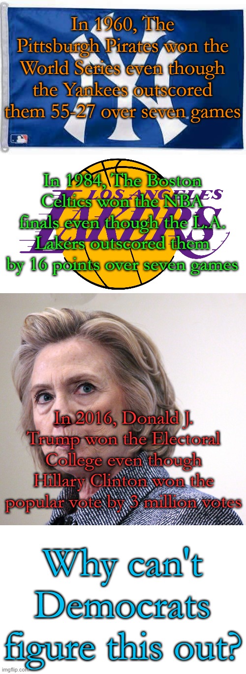 Hillary won the popular vote in California by 5 million votes, meaning Trump won the other 49 states by 2 million votes. | In 1960, The Pittsburgh Pirates won the World Series even though the Yankees outscored them 55-27 over seven games; In 1984, The Boston Celtics won the NBA finals even though the L.A. Lakers outscored them by 16 points over seven games; In 2016, Donald J. Trump won the Electoral College even though Hillary Clinton won the popular vote by 3 million votes; Why can't Democrats figure this out? | image tagged in hillary clinton pissed,world series,nba finals,electoral college,trump,crying democrats | made w/ Imgflip meme maker
