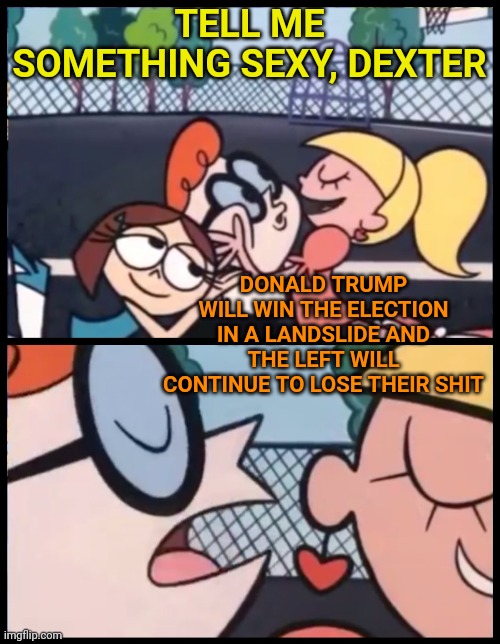 Say it Again, Dexter | TELL ME SOMETHING SEXY, DEXTER; DONALD TRUMP WILL WIN THE ELECTION IN A LANDSLIDE AND THE LEFT WILL CONTINUE TO LOSE THEIR SHIT | image tagged in memes,say it again dexter | made w/ Imgflip meme maker