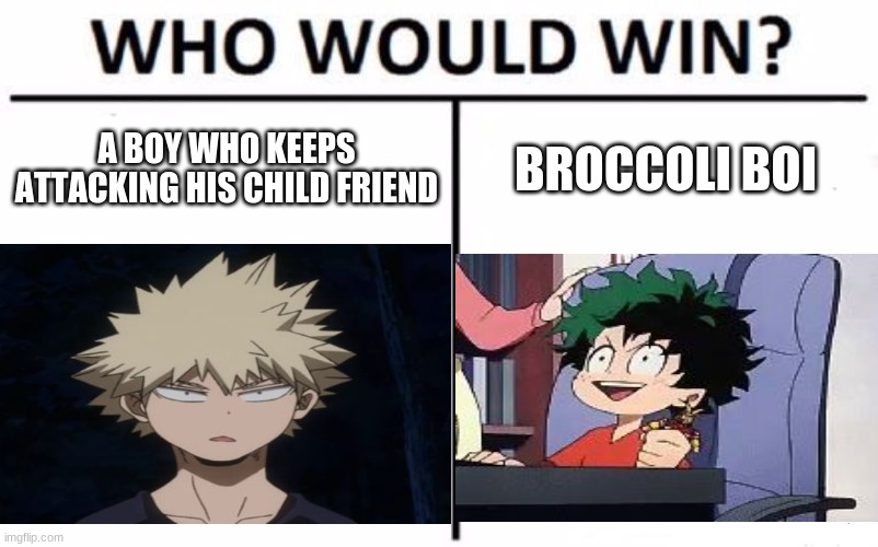 A BOY WHO KEEPS ATTACKING HIS CHILD FRIEND; BROCCOLI BOI | image tagged in bakugo,deku | made w/ Imgflip meme maker