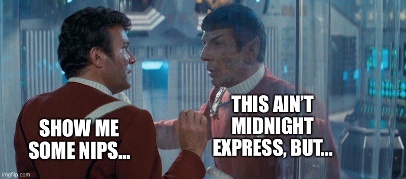 Shatner in Midnight Express |  THIS AIN’T MIDNIGHT EXPRESS, BUT... SHOW ME SOME NIPS... | image tagged in star trek,william shatner,leonard nimoy | made w/ Imgflip meme maker