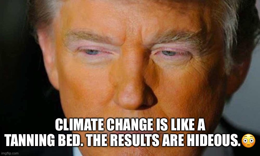 Climate Change | CLIMATE CHANGE IS LIKE A TANNING BED. THE RESULTS ARE HIDEOUS.😳 | image tagged in climate change,donald trump,trump supporters,hideous,agent orange,tanning | made w/ Imgflip meme maker
