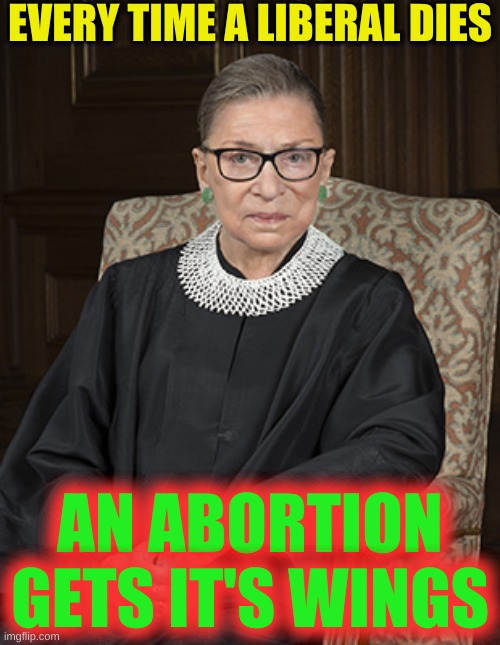 die lib die | EVERY TIME A LIBERAL DIES; AN ABORTION GETS IT'S WINGS | image tagged in ruth bader ginsberg | made w/ Imgflip meme maker