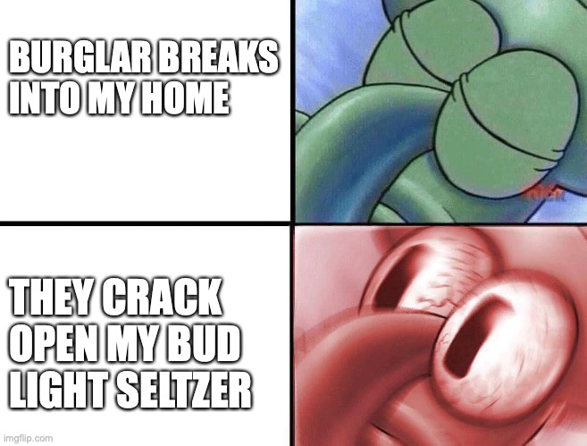 bud light seltzer | BURGLAR BREAKS INTO MY HOME; THEY CRACK OPEN MY BUD LIGHT SELTZER | image tagged in sleeping squidward | made w/ Imgflip meme maker