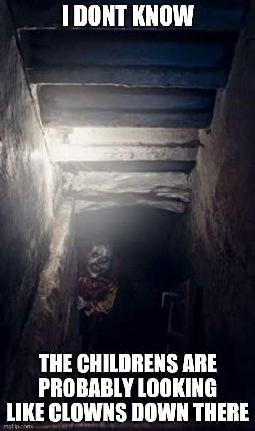 Basement Clown | I DONT KNOW THE CHILDRENS ARE PROBABLY LOOKING LIKE CLOWNS DOWN THERE | image tagged in basement clown | made w/ Imgflip meme maker