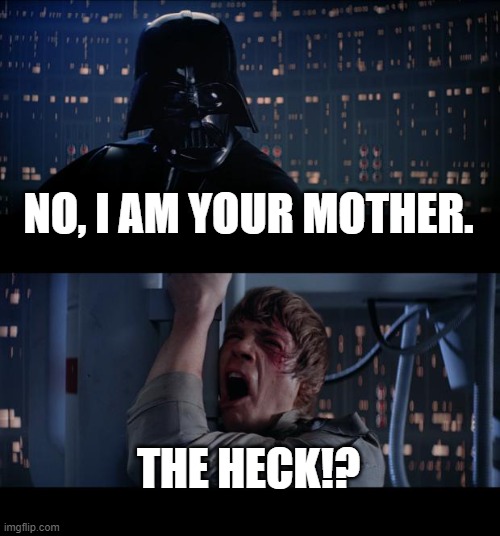 Star Wars No Meme | NO, I AM YOUR MOTHER. THE HECK!? | image tagged in memes,star wars no | made w/ Imgflip meme maker