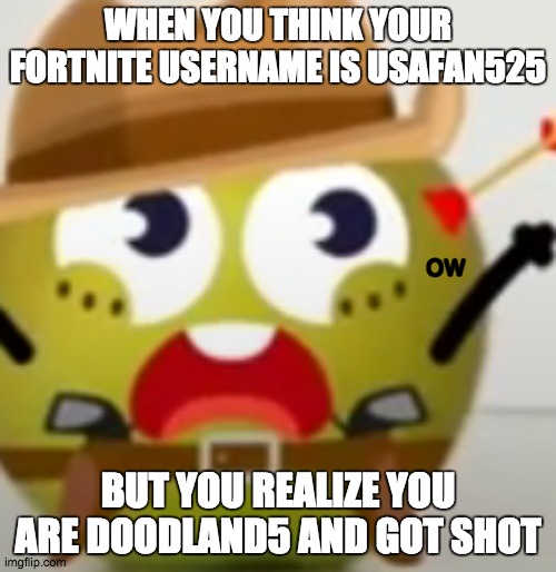 Fortnite meme butdoodland | WHEN YOU THINK YOUR FORTNITE USERNAME IS USAFAN525; OW; BUT YOU REALIZE YOU ARE DOODLAND5 AND GOT SHOT | image tagged in fortnite meme,doodle | made w/ Imgflip meme maker