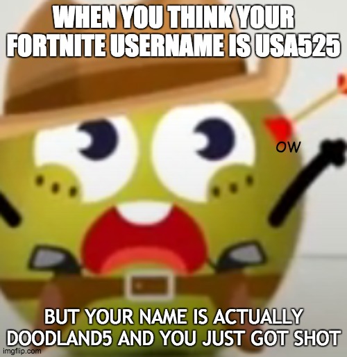 Doodland Meme: losing at fortnite | WHEN YOU THINK YOUR FORTNITE USERNAME IS USA525; OW; BUT YOUR NAME IS ACTUALLY DOODLAND5 AND YOU JUST GOT SHOT | image tagged in fortnite meme,doodle | made w/ Imgflip meme maker
