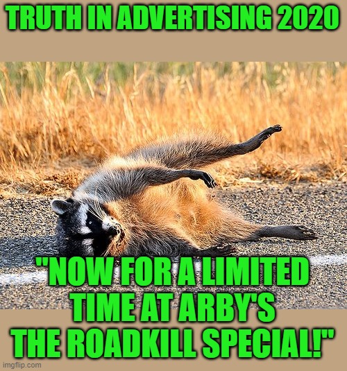 Roadkill | TRUTH IN ADVERTISING 2020 "NOW FOR A LIMITED TIME AT ARBY'S THE ROADKILL SPECIAL!" | image tagged in roadkill | made w/ Imgflip meme maker