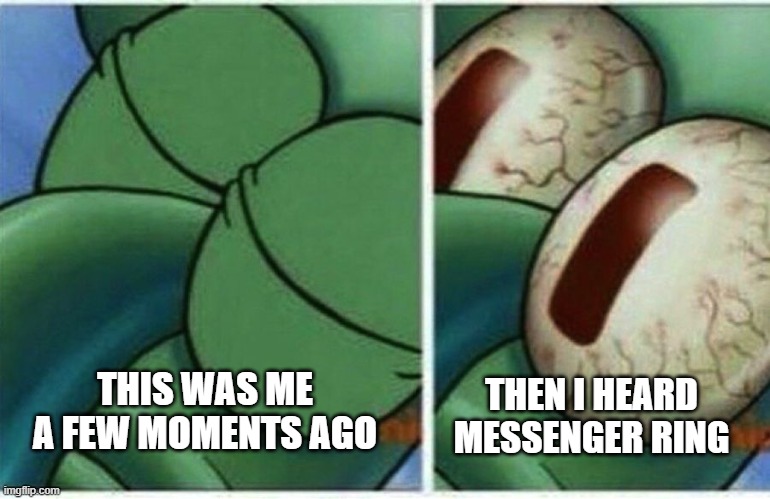 The Boys Are Calling... No Time For Sleep | THEN I HEARD MESSENGER RING; THIS WAS ME A FEW MOMENTS AGO | image tagged in squidward | made w/ Imgflip meme maker
