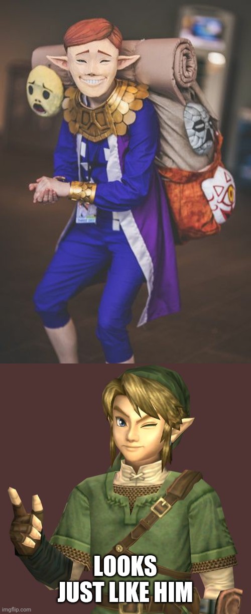 I WONDER IF HE HAS ANYTHING TO SELL? | LOOKS JUST LIKE HIM | image tagged in zelda,legend of zelda,merchant,link,cosplay | made w/ Imgflip meme maker