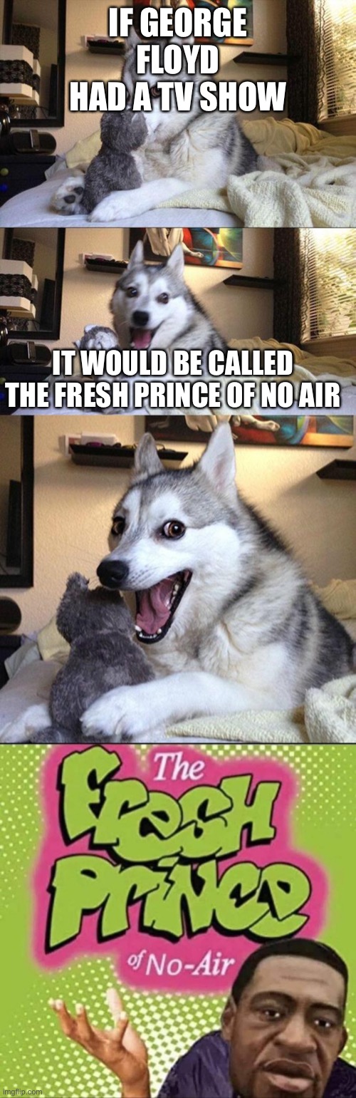 Coming soon right after the protests. | IF GEORGE FLOYD HAD A TV SHOW; IT WOULD BE CALLED THE FRESH PRINCE OF NO AIR | image tagged in memes,bad pun dog,funny,offensive | made w/ Imgflip meme maker