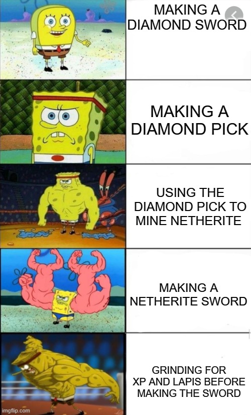 M I N E C R A F T | MAKING A DIAMOND SWORD; MAKING A DIAMOND PICK; USING THE DIAMOND PICK TO MINE NETHERITE; MAKING A NETHERITE SWORD; GRINDING FOR XP AND LAPIS BEFORE MAKING THE SWORD | image tagged in sponge bob strength | made w/ Imgflip meme maker