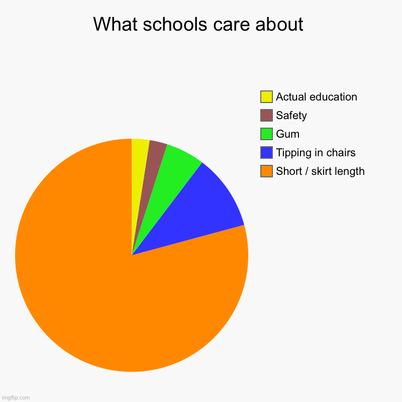 What schools care about | Short / skirt length, Tipping in chairs, Gum, Safety, Actual education | image tagged in charts,pie charts | made w/ Imgflip chart maker