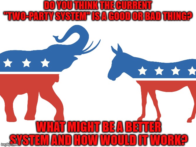 I don't really have a problem with it, but I want to see what reasons people would have for disliking it | DO YOU THINK THE CURRENT "TWO-PARTY SYSTEM" IS A GOOD OR BAD THING? WHAT MIGHT BE A BETTER SYSTEM AND HOW WOULD IT WORK? | image tagged in politics,party | made w/ Imgflip meme maker