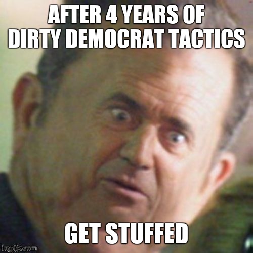Mel Gibson stunned | AFTER 4 YEARS OF DIRTY DEMOCRAT TACTICS GET STUFFED | image tagged in mel gibson stunned | made w/ Imgflip meme maker