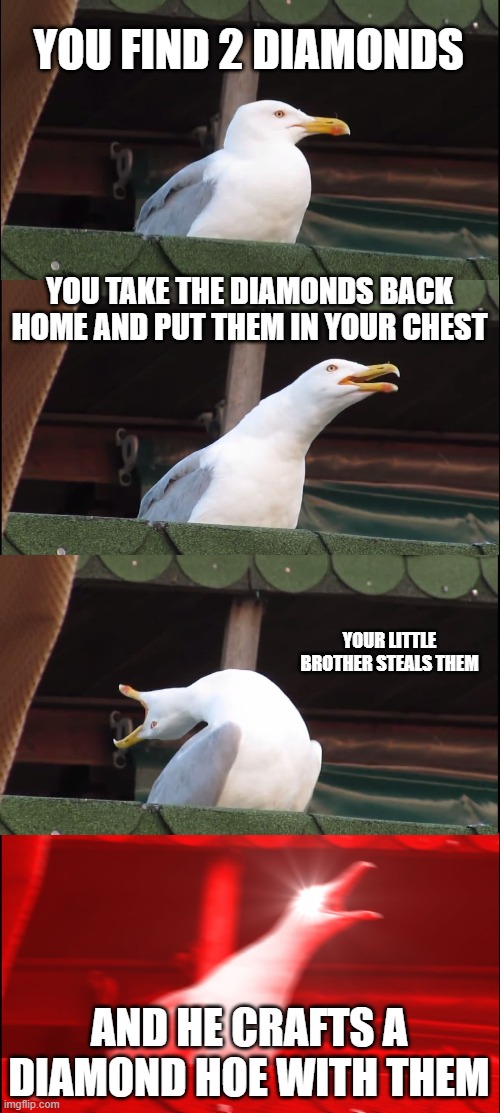 *triggered* | YOU FIND 2 DIAMONDS; YOU TAKE THE DIAMONDS BACK HOME AND PUT THEM IN YOUR CHEST; YOUR LITTLE BROTHER STEALS THEM; AND HE CRAFTS A DIAMOND HOE WITH THEM | image tagged in memes,inhaling seagull | made w/ Imgflip meme maker