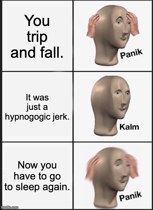 The Horror! | You trip and fall. It was just a hypnogogic jerk. Now you have to go to sleep again. | image tagged in memes,panik kalm panik,brain sleep meme,jerk | made w/ Imgflip meme maker