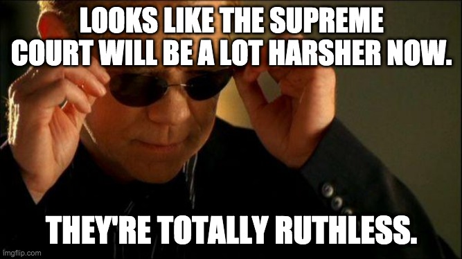 There will be some harsh SC court decision in the future. | LOOKS LIKE THE SUPREME COURT WILL BE A LOT HARSHER NOW. THEY'RE TOTALLY RUTHLESS. | image tagged in horatio csi,supreme court,scotus,ruth bader ginsburg,puns | made w/ Imgflip meme maker