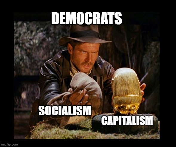 DEMOCRATS; CAPITALISM; SOCIALISM | image tagged in indiana jones | made w/ Imgflip meme maker