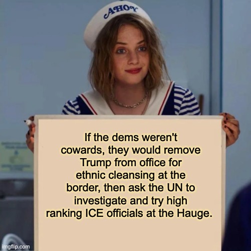 We hung SS officers over forced hysterectomies. | If the dems weren't cowards, they would remove Trump from office for ethnic cleansing at the border, then ask the UN to investigate and try high ranking ICE officials at the Hauge. | image tagged in robin stranger things meme,nazi,fascist,donald trump,ice,genocide | made w/ Imgflip meme maker