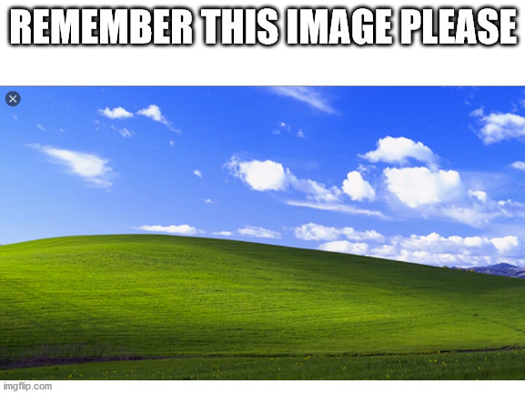 REMEMBER THIS IMAGE PLEASE | image tagged in windows xp,bliss,wallpaper,stop reading the tags | made w/ Imgflip meme maker