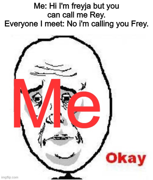 *cries in desperatley gay tomboy* My nickname is so frrrillllllyyyyyyy- But please call me Sunny on here | Me: Hi I'm freyja but you can call me Rey.
Everyone I meet: No i'm calling you Frey. Me | image tagged in sad but true | made w/ Imgflip meme maker