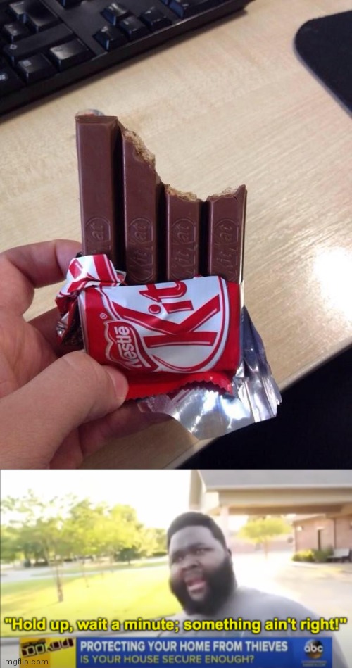 image tagged in eating a kit kat,hold up wait a minute something aint right | made w/ Imgflip meme maker