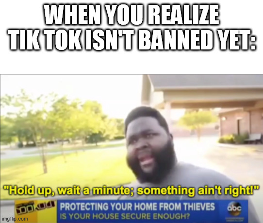 Hold up wait a minute something aint right | WHEN YOU REALIZE TIK TOK ISN'T BANNED YET: | image tagged in hold up wait a minute something aint right | made w/ Imgflip meme maker