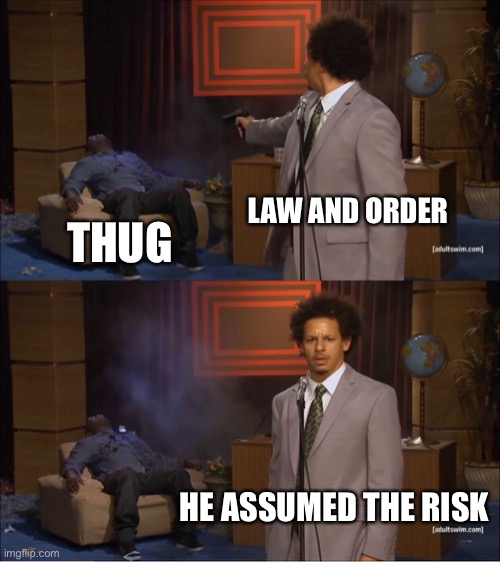 Who Killed Hannibal Meme | LAW AND ORDER THUG HE ASSUMED THE RISK | image tagged in memes,who killed hannibal | made w/ Imgflip meme maker