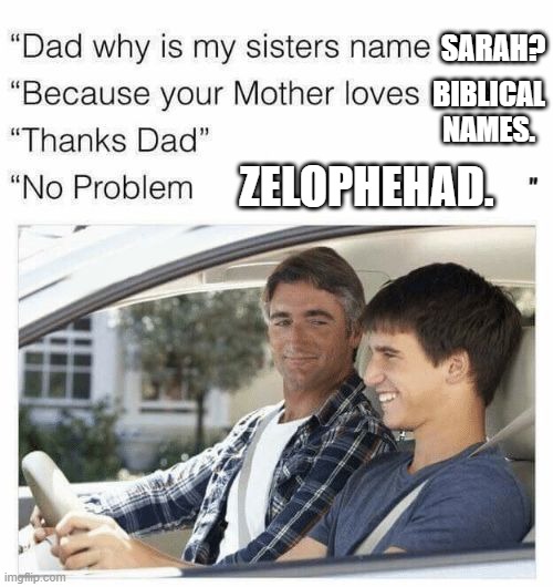 Biblical Names | BIBLICAL NAMES. SARAH? ZELOPHEHAD. | image tagged in why is my sister's name rose,names,dad,memes,funny | made w/ Imgflip meme maker