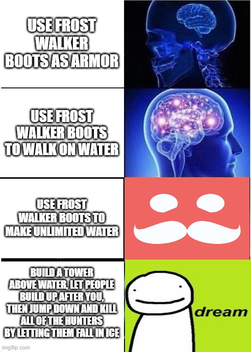 Expanding Brain Meme | USE FROST WALKER BOOTS AS ARMOR; USE FROST WALKER BOOTS TO WALK ON WATER; USE FROST WALKER BOOTS TO MAKE UNLIMITED WATER; BUILD A TOWER ABOVE WATER, LET PEOPLE BUILD UP AFTER YOU, THEN JUMP DOWN AND KILL ALL OF THE HUNTERS BY LETTING THEM FALL IN ICE | image tagged in memes,expanding brain | made w/ Imgflip meme maker