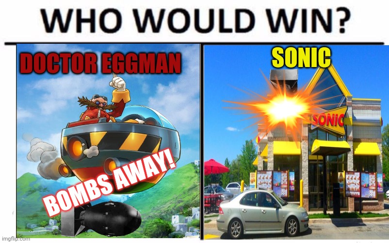 Eggman vs sonic | SONIC; DOCTOR EGGMAN; BOMBS AWAY! | image tagged in memes,who would win,sonic the hedgehog,sonic,eggman | made w/ Imgflip meme maker
