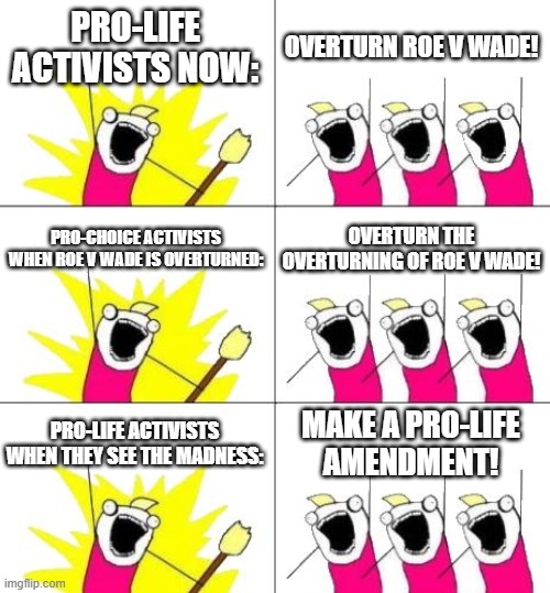 Pro life pro choice pro life | PRO-LIFE ACTIVISTS NOW:; OVERTURN ROE V WADE! PRO-CHOICE ACTIVISTS WHEN ROE V WADE IS OVERTURNED:; OVERTURN THE OVERTURNING OF ROE V WADE! PRO-LIFE ACTIVISTS WHEN THEY SEE THE MADNESS:; MAKE A PRO-LIFE AMENDMENT! | image tagged in memes,what do we want 3,what do we want,x all the y,pro-life,pro-choice | made w/ Imgflip meme maker