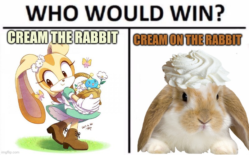 Cream the rabbit | CREAM THE RABBIT; CREAM ON THE RABBIT | image tagged in who would win,memes,rabbit,sonic the hedgehog,cream | made w/ Imgflip meme maker