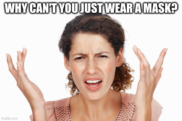 Indignant | WHY CAN'T YOU JUST WEAR A MASK? | image tagged in indignant | made w/ Imgflip meme maker