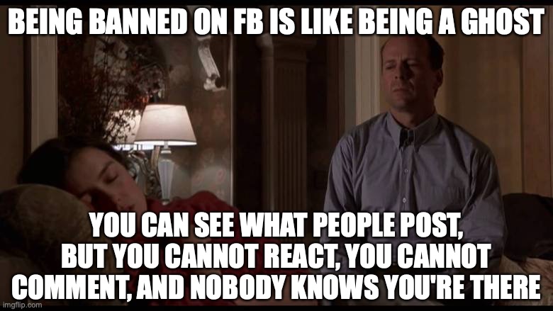 Being banned on FB is like being a ghost | BEING BANNED ON FB IS LIKE BEING A GHOST; YOU CAN SEE WHAT PEOPLE POST, BUT YOU CANNOT REACT, YOU CANNOT COMMENT, AND NOBODY KNOWS YOU'RE THERE | image tagged in the sixth sense ending scene,facebook,ban,blocked,ghostbusters reboot | made w/ Imgflip meme maker