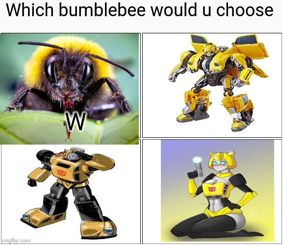 Blank Comic Panel 2x2 Meme | W Which bumblebee would u choose | image tagged in memes,blank comic panel 2x2 | made w/ Imgflip meme maker