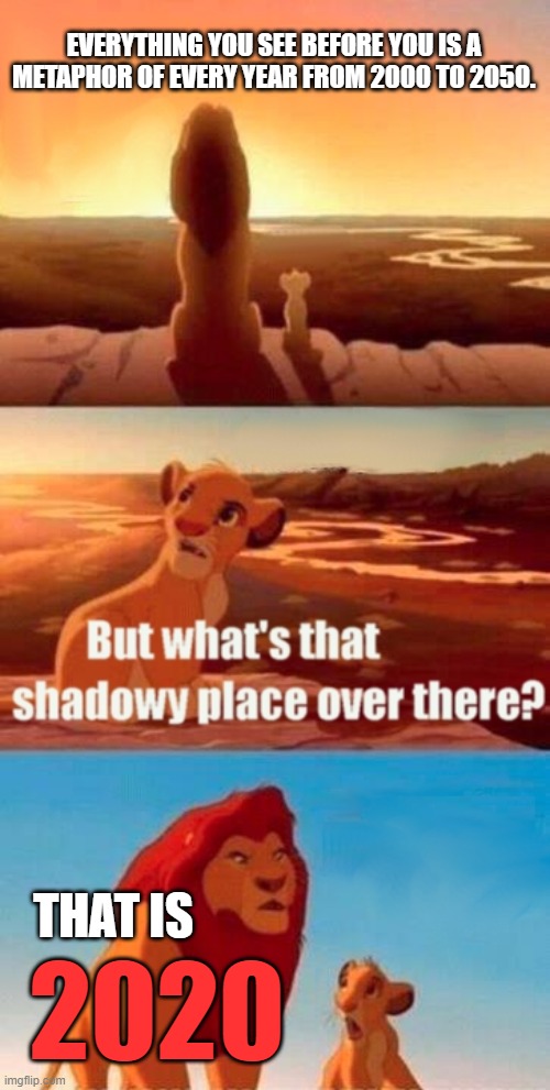 Simba Shadowy Place | EVERYTHING YOU SEE BEFORE YOU IS A METAPHOR OF EVERY YEAR FROM 2000 TO 2050. THAT IS; 2020 | image tagged in memes,simba shadowy place | made w/ Imgflip meme maker