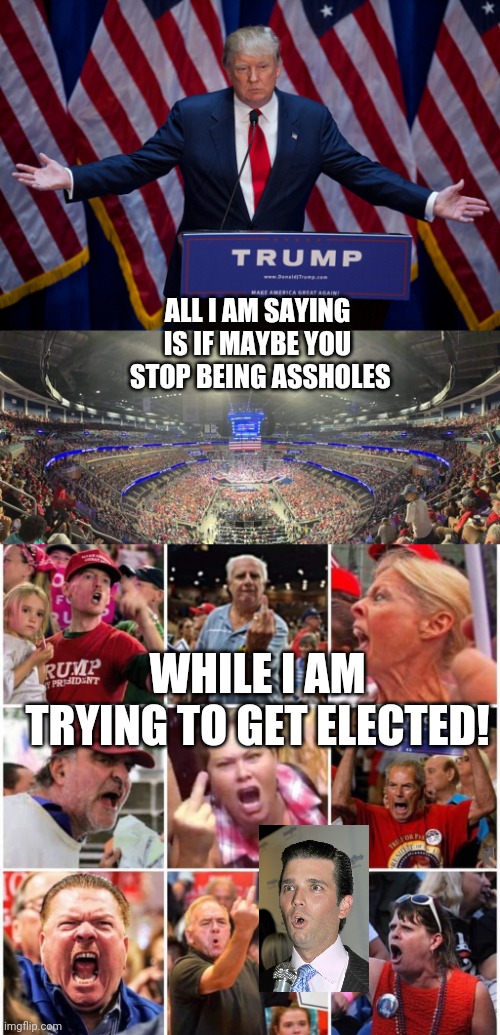 ALL I AM SAYING IS IF MAYBE YOU  STOP BEING ASSHOLES; WHILE I AM TRYING TO GET ELECTED! | image tagged in donald trump,triggered trump supporters,trump crowd for re-election announcement | made w/ Imgflip meme maker