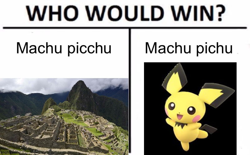 How will they both cope on this? | Machu picchu; Machu pichu | image tagged in memes,who would win,funny,pichu,machu picchu,pokemon | made w/ Imgflip meme maker