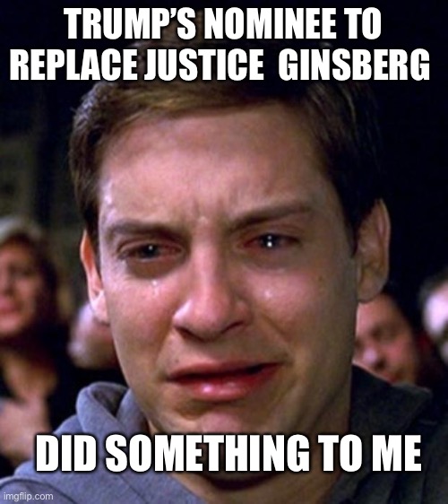 Trump’s Nominee | TRUMP’S NOMINEE TO REPLACE JUSTICE  GINSBERG; DID SOMETHING TO ME | image tagged in crying peter parker | made w/ Imgflip meme maker