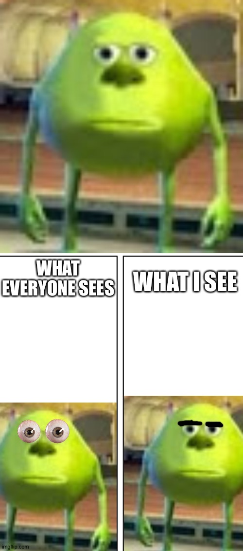 Am I the only one who think that the Mike Wazowski face swap shows Mike being not-amused? | WHAT I SEE; WHAT EVERYONE SEES | image tagged in memes,blank comic panel 2x1,sully wazowski,funny,face swap,mike wazowski | made w/ Imgflip meme maker