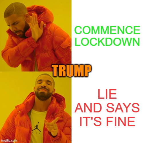Trump Coronavirus | COMMENCE LOCKDOWN; TRUMP; LIE AND SAYS IT'S FINE | image tagged in memes,drake hotline bling,donald trump,coronavirus,corona,trump | made w/ Imgflip meme maker