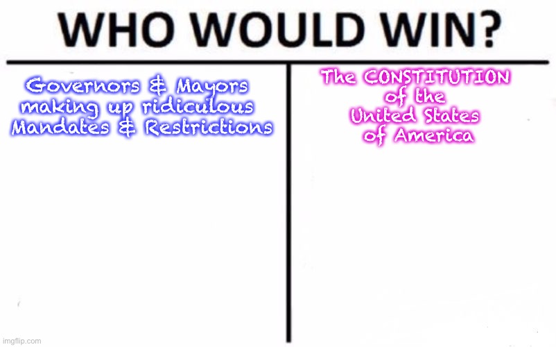 Who Would Win? | Governors & Mayors 
making up ridiculous 
Mandates & Restrictions; The CONSTITUTION 
of the 
United States 
of America | image tagged in memes,who would win | made w/ Imgflip meme maker