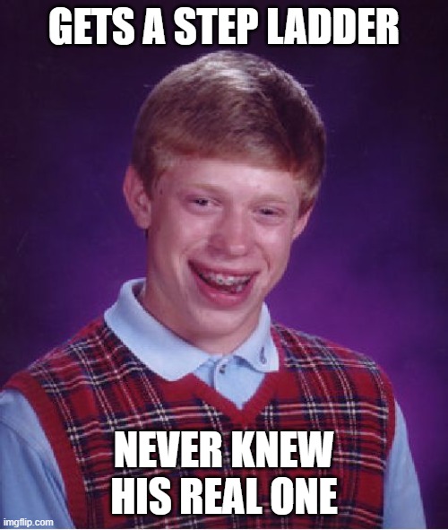 Bad Luck Brian Meme | GETS A STEP LADDER; NEVER KNEW HIS REAL ONE | image tagged in memes,bad luck brian | made w/ Imgflip meme maker