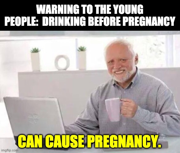 Harold | WARNING TO THE YOUNG PEOPLE:  DRINKING BEFORE PREGNANCY; CAN CAUSE PREGNANCY. | image tagged in harold | made w/ Imgflip meme maker