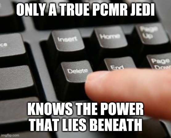 The power of the BIOS | ONLY A TRUE PCMR JEDI; KNOWS THE POWER THAT LIES BENEATH | image tagged in delete | made w/ Imgflip meme maker