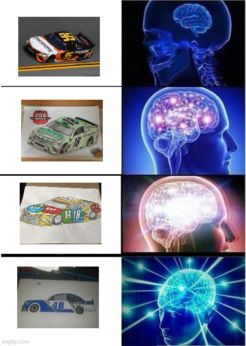 nascar cars | image tagged in memes,expanding brain | made w/ Imgflip meme maker