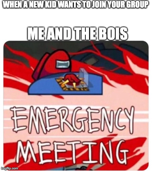 Emergency Meeting Among Us | WHEN A NEW KID WANTS TO JOIN YOUR GROUP; ME AND THE BOIS | image tagged in emergency meeting among us | made w/ Imgflip meme maker